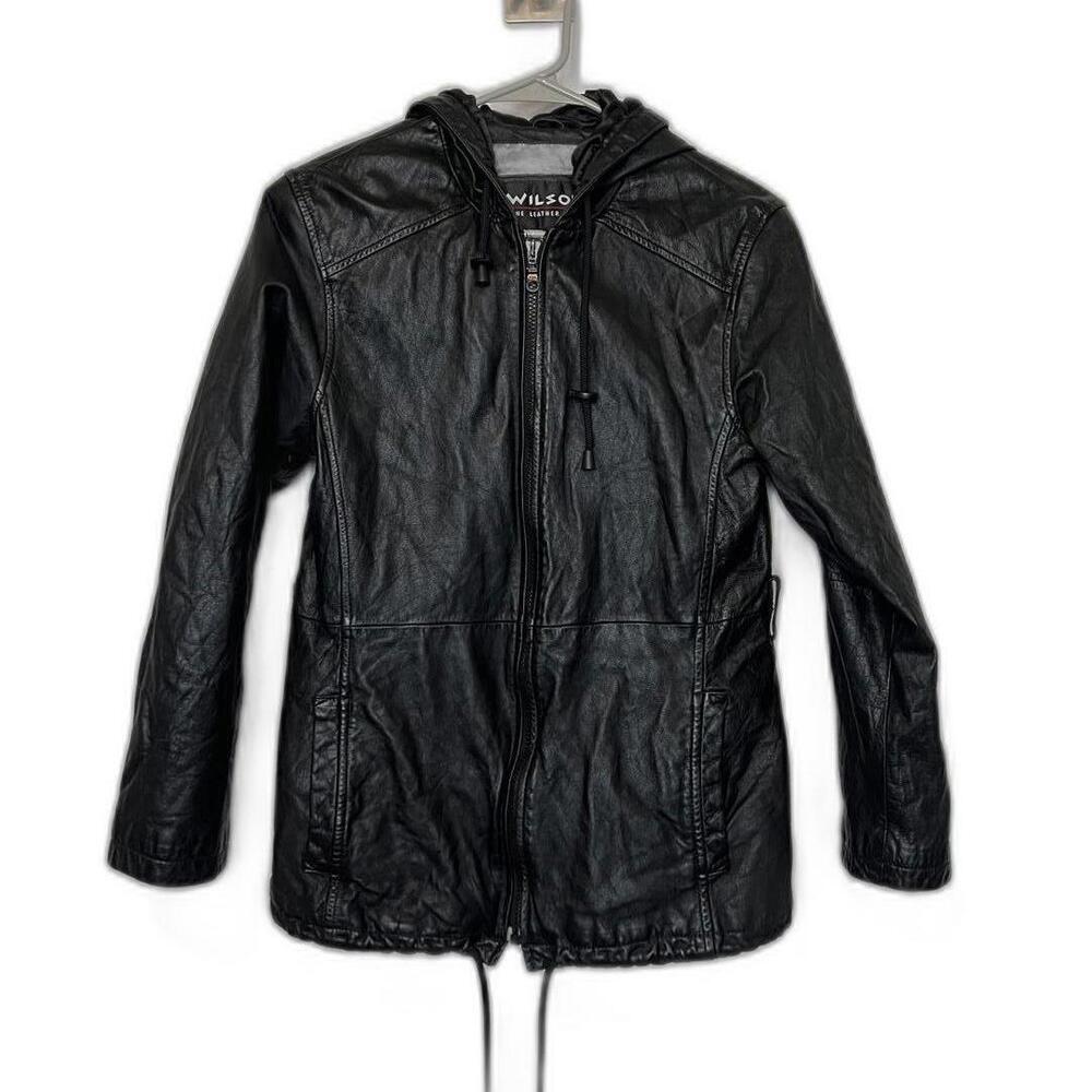 Vintage Wilsons Leather 2000s 90s  Black Hoodie Jacket Coat